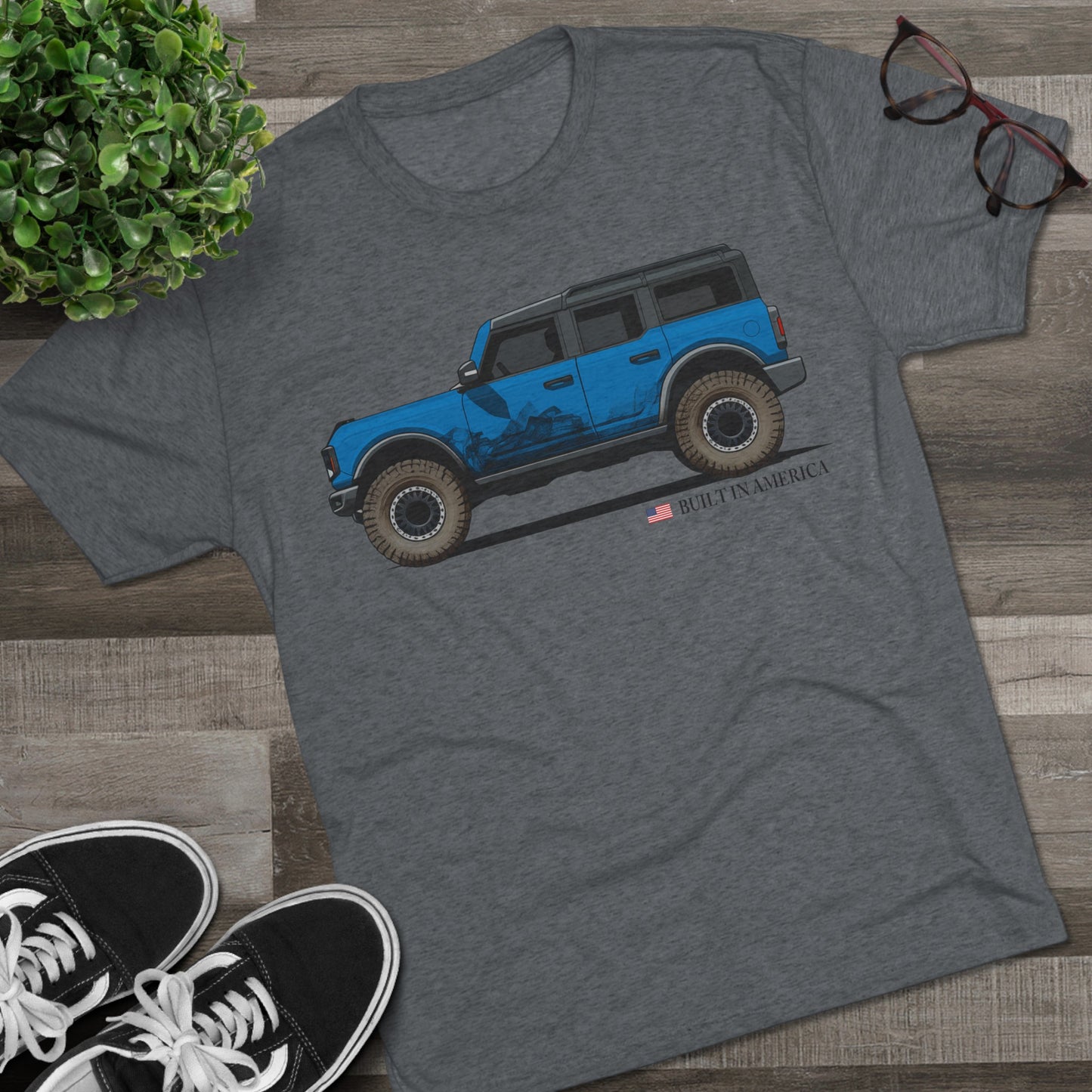 Ford Bronco Built in America - Blue Bronco - Unisex Tri-Blend Crew Tee