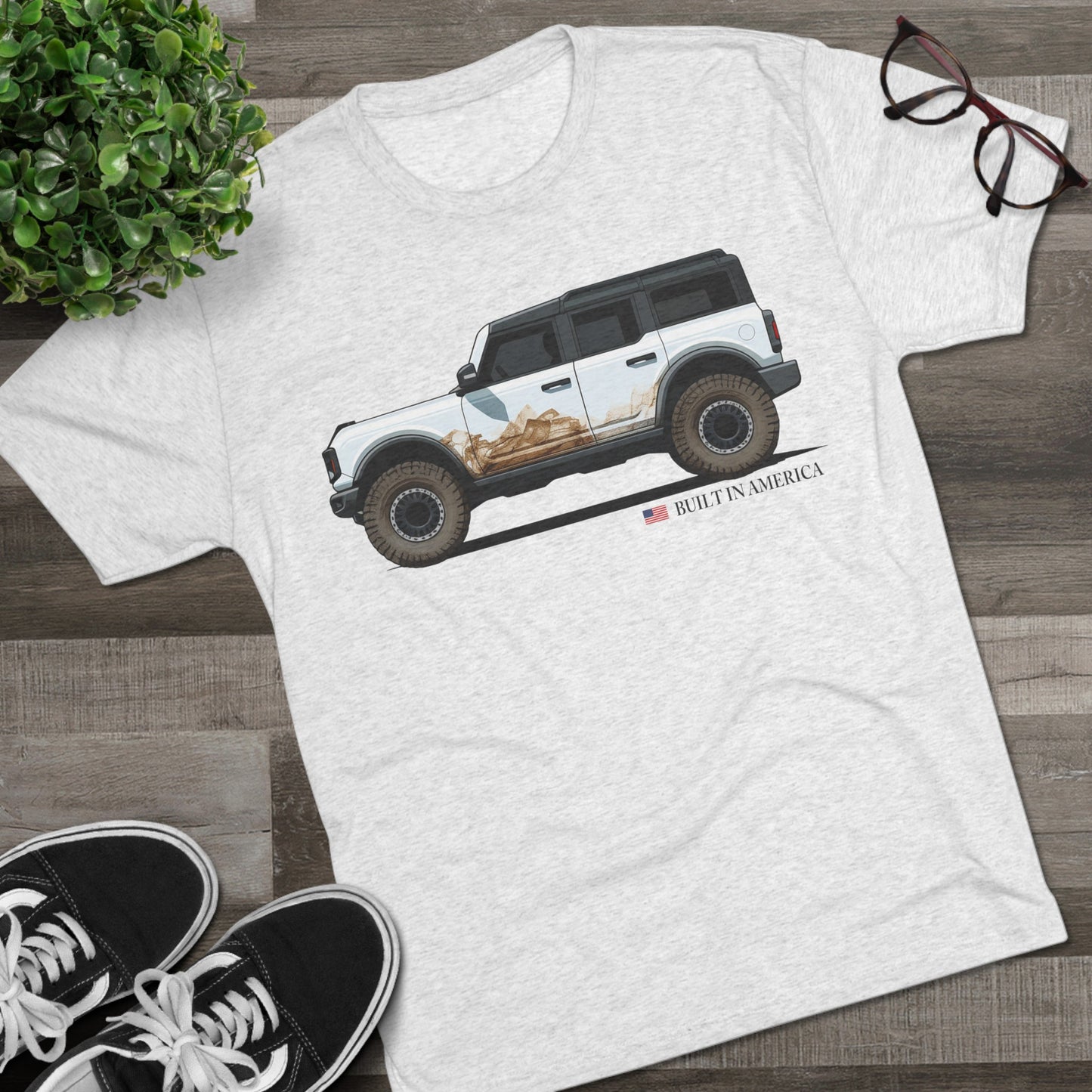 Ford Bronco Built in America - Oxford White Bronco - Unisex Tri-Blend Crew Tee
