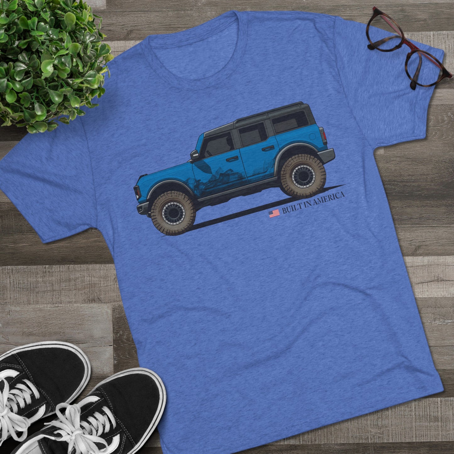 Ford Bronco Built in America - Blue Bronco - Unisex Tri-Blend Crew Tee