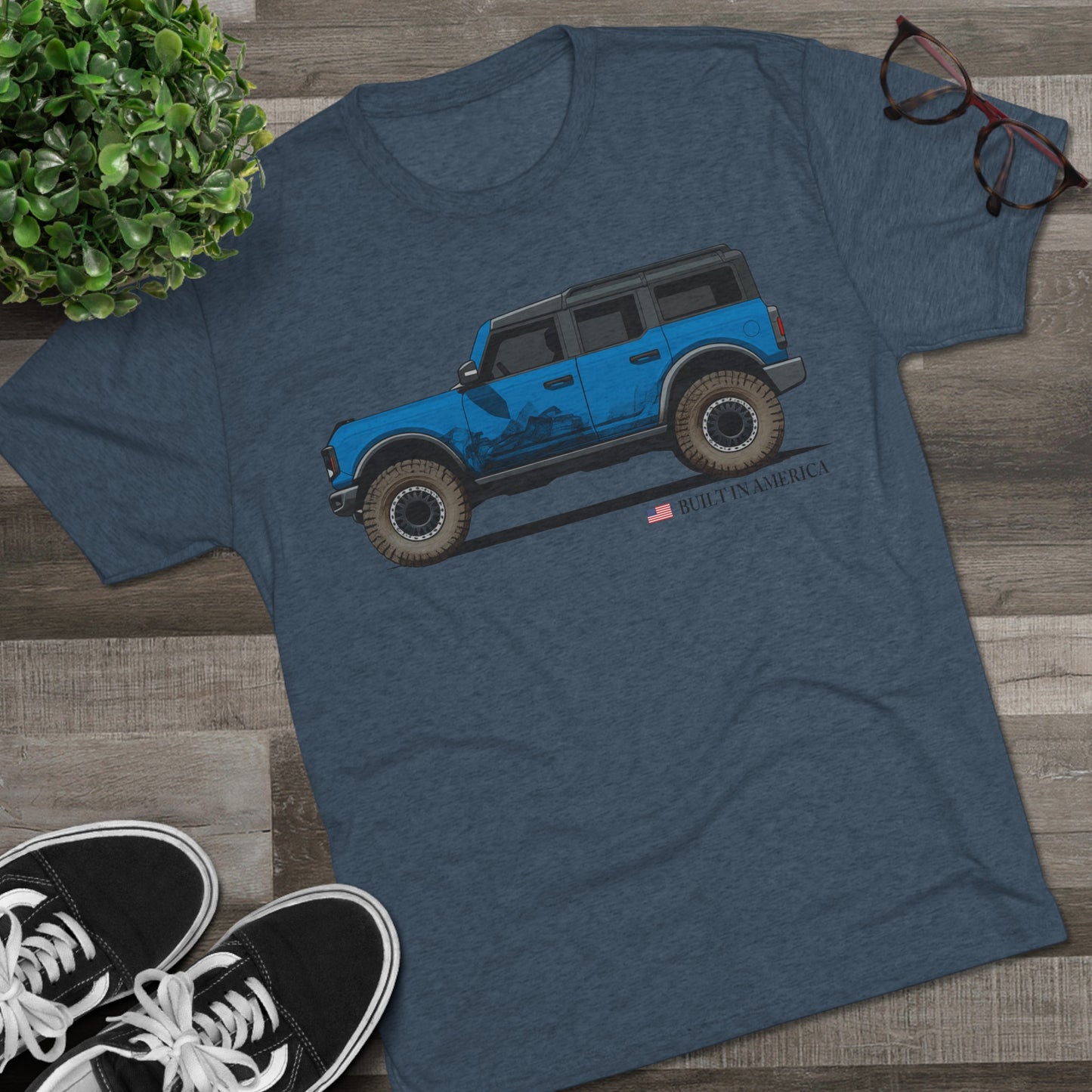Ford Bronco Built in America - Blue Bronco - Unisex Tri-Blend Crew Tee