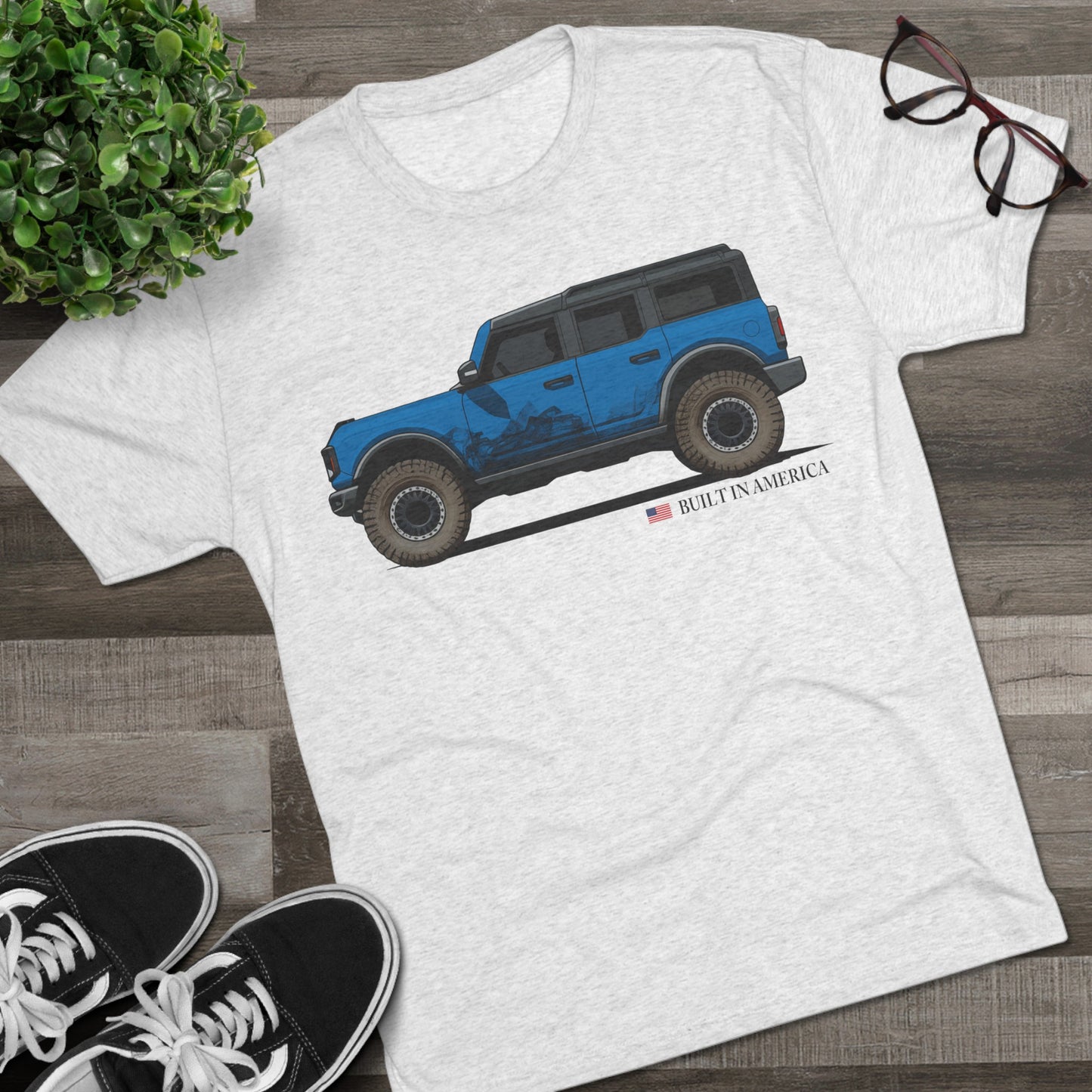 Ford Bronco Built in America - Blue Bronco - Unisex Tri-Blend Crew Tee